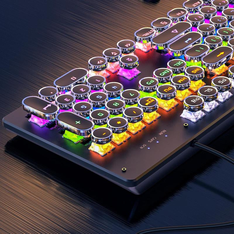 Wired Mechanical Keyboard, Punk Style round Keyboard with Colorful Light, Ergonomic Keyboard for Gaming, Gaming Accessories, Computer Keyboard Caps, Keyboard round Caps