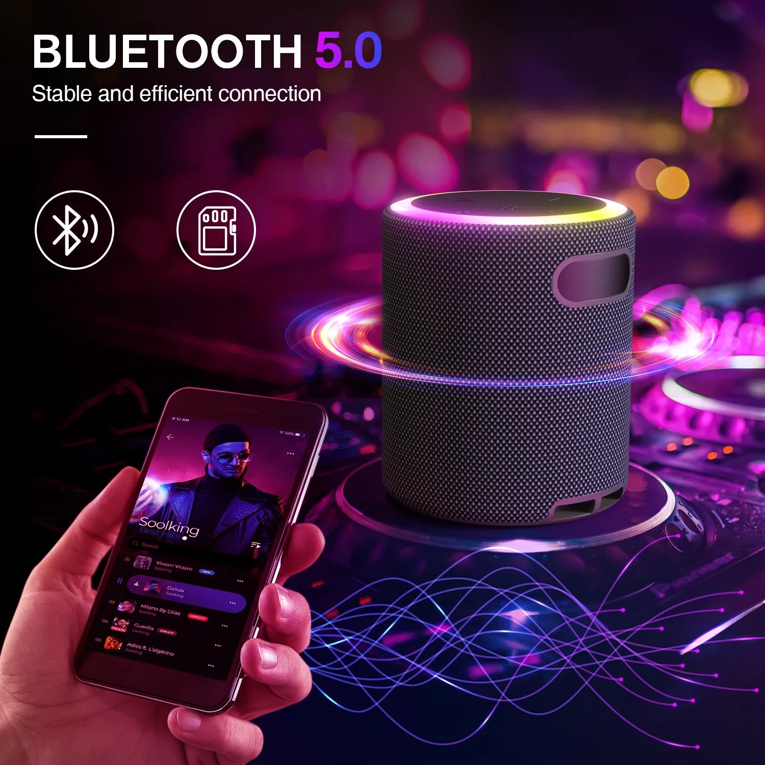 Portable Led Party Bluetooth 5.0 Speaker,Mini Wireless Speaker with Lights Rich Stereo Bass Aux, IPX6 Waterproof Outdoor Speaker, 24H Playtime, Dual Pairing, Home, Travel, Hiking